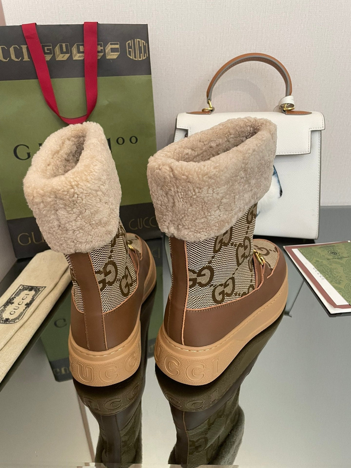 HORSEBIT SNOW ANKLE BOOTS IN ECRU BEIGE MONOGRAM JACQUARD FABRIC MIX BROWN CALFSKIN AND LAMB WOOL LINING