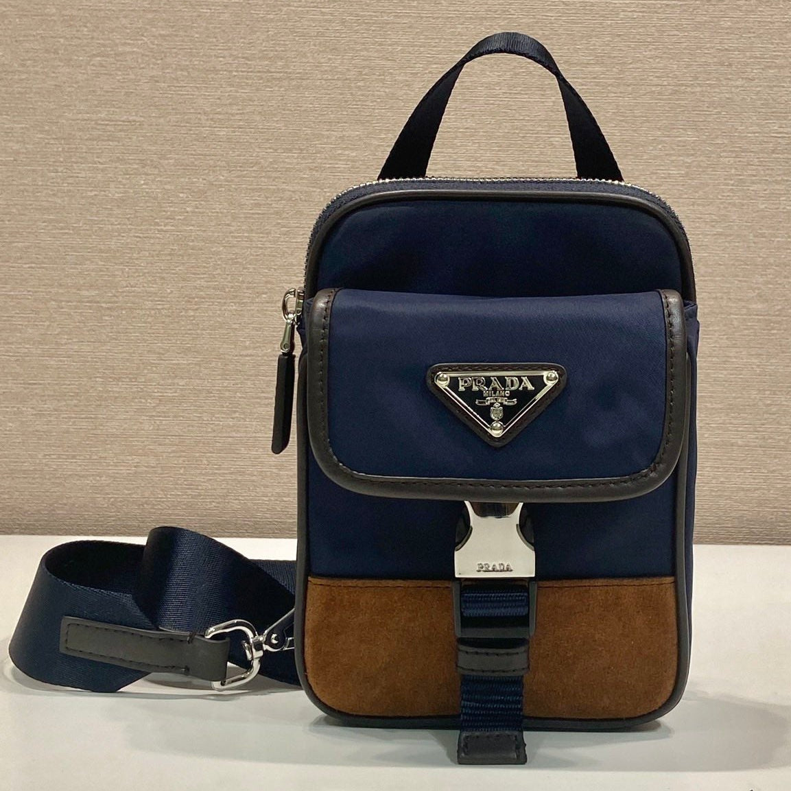 Prada 2026 Mobile Phone Chest Bag Blue Brown Recycled Nylon With Saffiano Leather