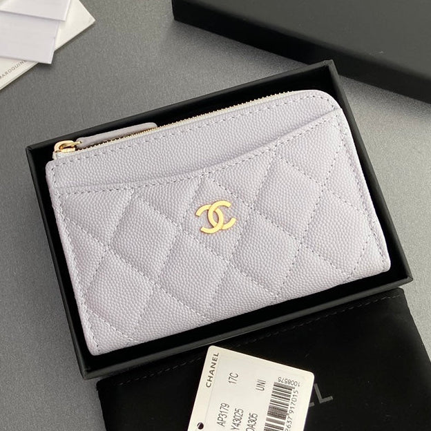 Chanel 2026 Quilted Card Holder 13cm Light Purple Grained Calfskin