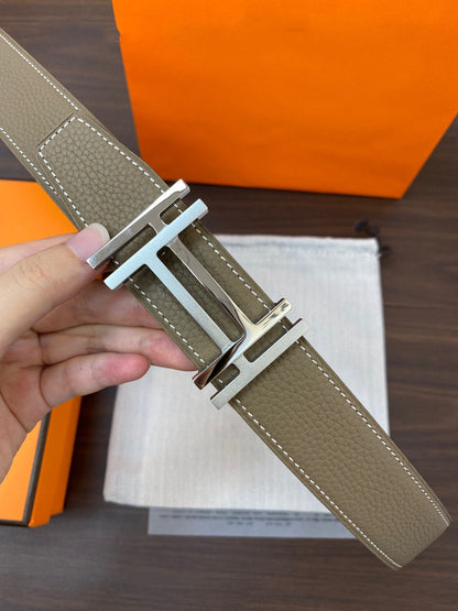 DOUBLE H BELT 32MM SILVER BUCKLE BLACK ETOUPE LEATHER