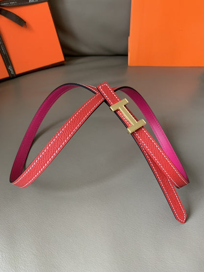 FOCUS BELT GOLD BUCKLE RED AND PINK REVERSIBLE LEATHER 1.3CM