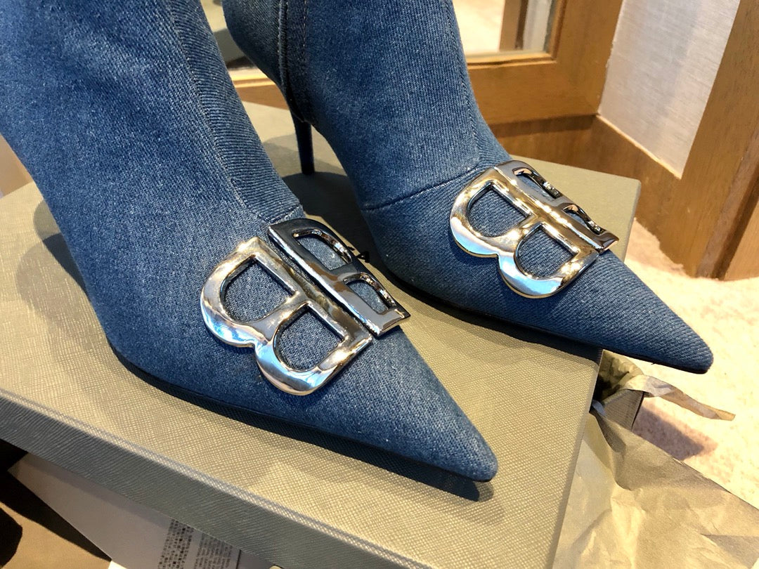 POINTED-TOE HIGH HEEL 80 MM ANKLE BOOTS IN BLUE DENIM