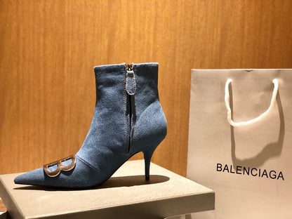 POINTED-TOE HIGH HEEL 80 MM ANKLE BOOTS IN BLUE DENIM