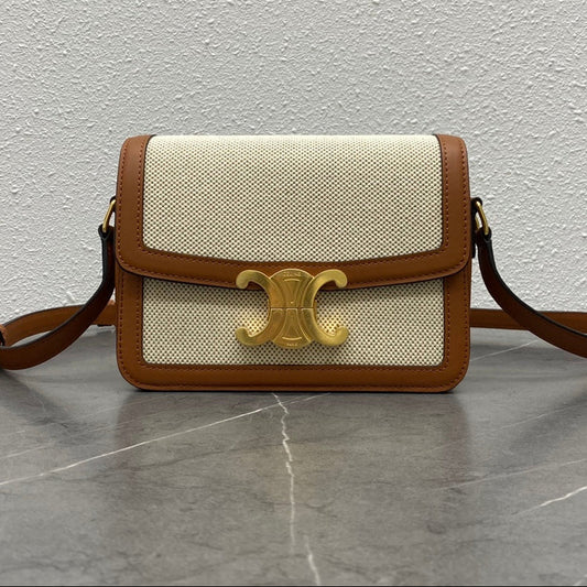 Celine 2026 Classique Triomphe Bag 18cm Tan Beige Textile Calfskin 283616