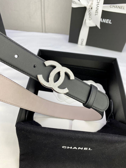 DOUBLE C BELT 30MM IN BLACK CALFSKIN METAL BUCKLE