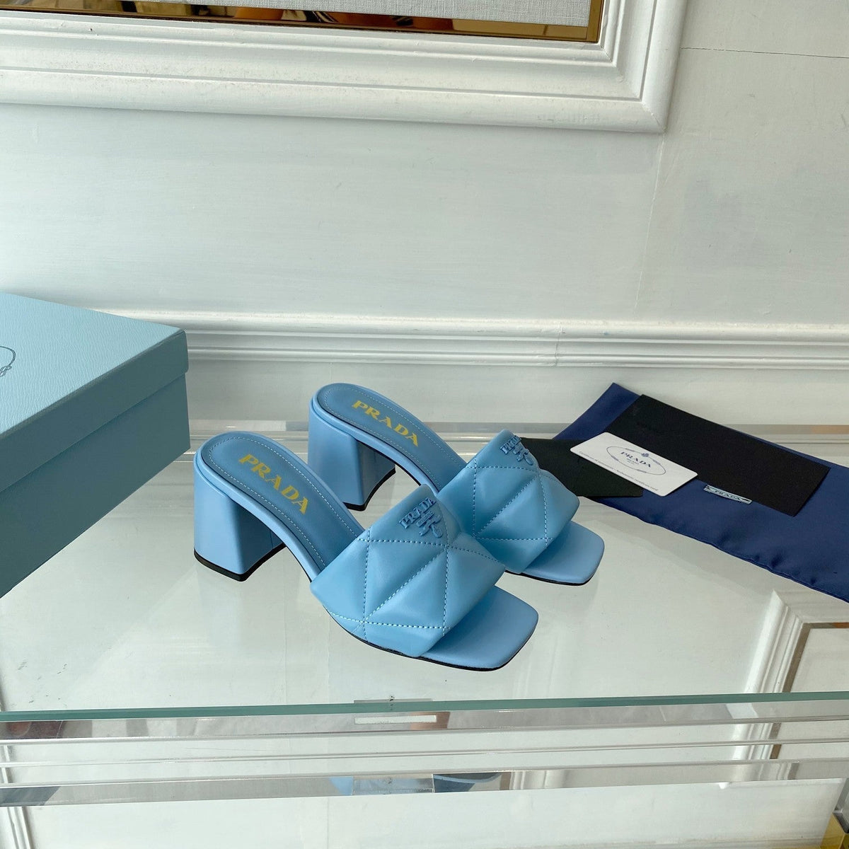 PRA QUILTED NAPPA HEELED SANDALS SKY LAMBSKIN