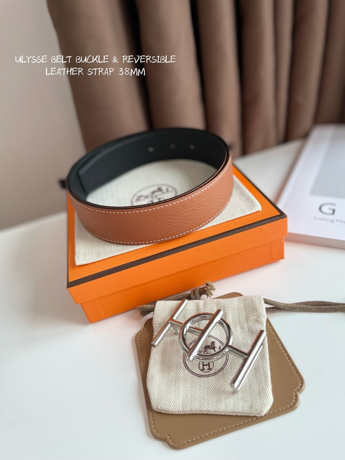 ULYSSE BELT BUCKLE & REVERSIBLE GINGER ORANGE LEATHER STRAP 38MM SILVER HARDWARE