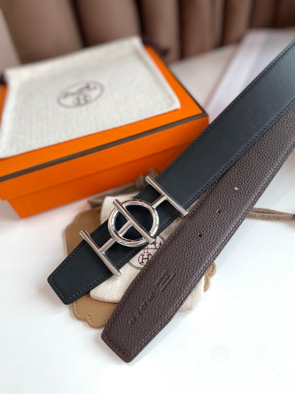 ULYSSE BELT BUCKLE & REVERSIBLE CHOCOLATE BROWN LEATHER STRAP 38MM SILVER HARDWARE