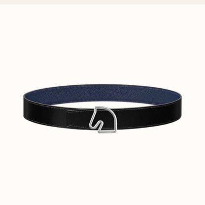 BOUCLE BELT BUCKLE & REVERSIBLE NAVY BLUE AND BLACK AND WHITE LEATHER STRAP 38MM SILVER HARDWARE