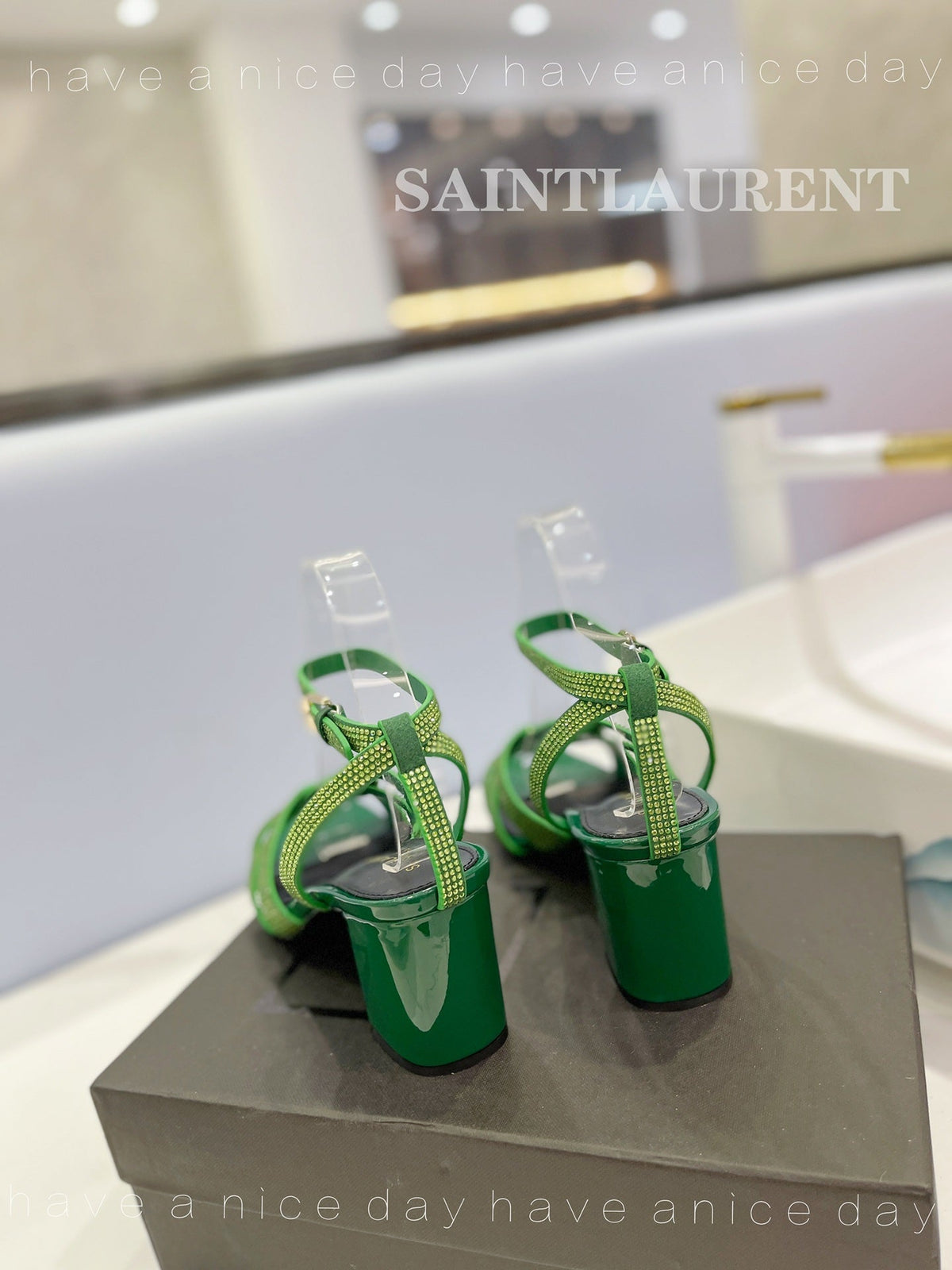 SL TRIBUTE CRYSTAL SANDALS DARK GREEN CALFSKIN