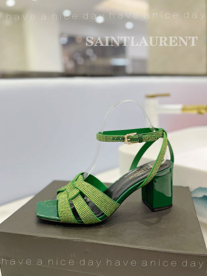 SL TRIBUTE CRYSTAL SANDALS DARK GREEN CALFSKIN