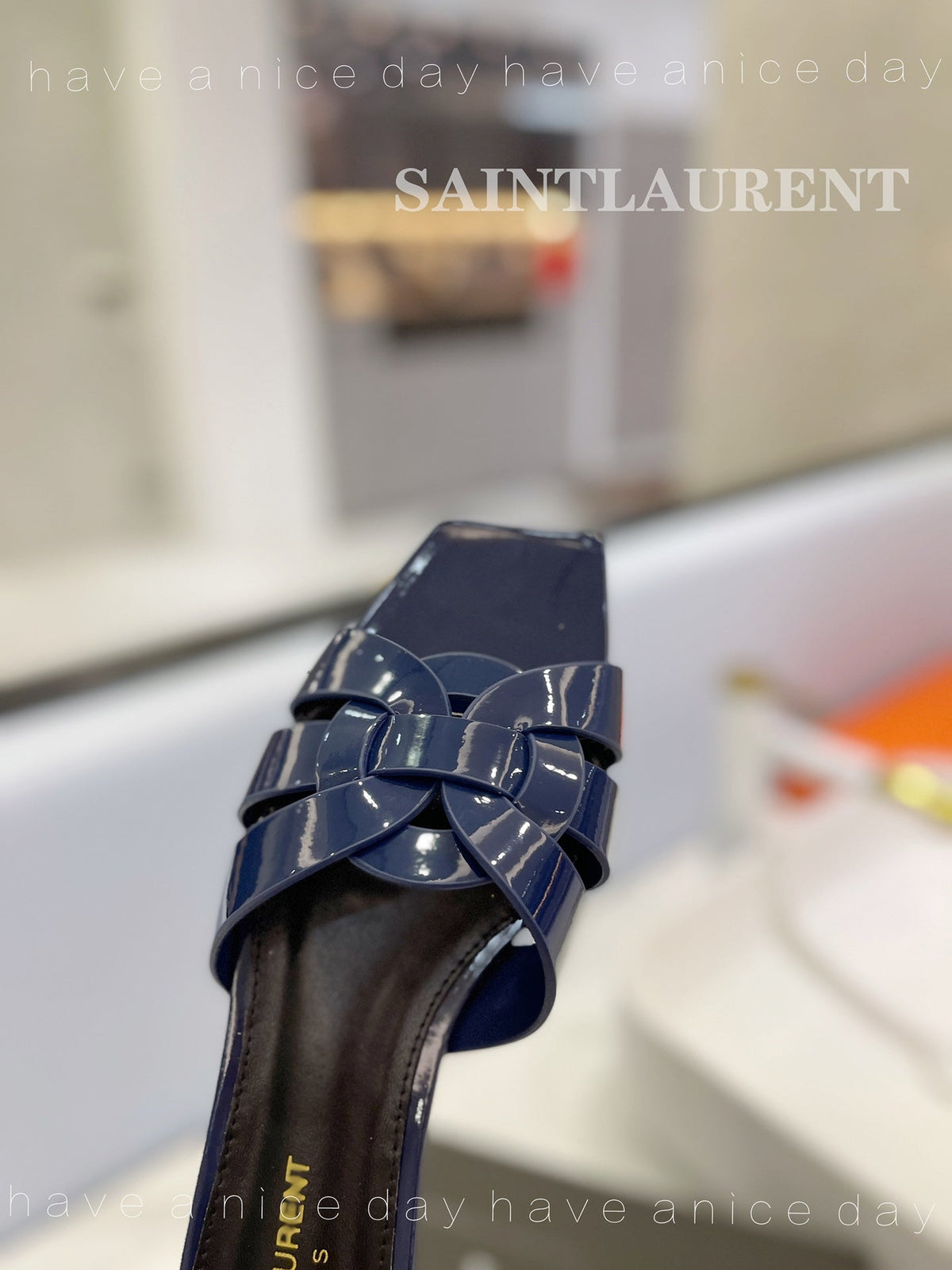 SL TRIBUTE SLIPPERS GLOSSY NAVY CALFSKIN