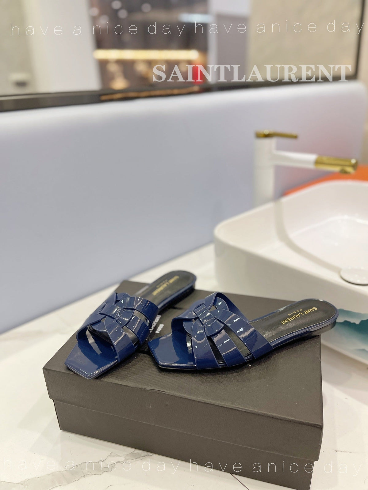 SL TRIBUTE SLIPPERS GLOSSY NAVY CALFSKIN
