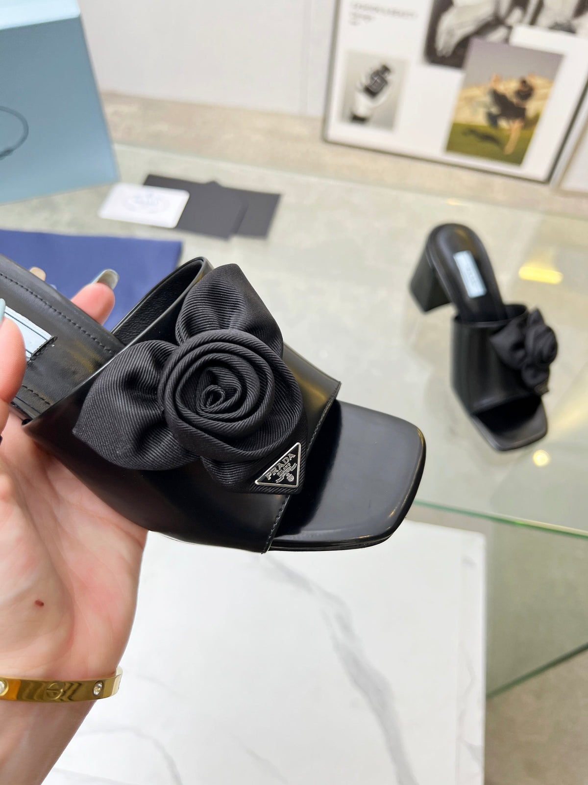 PRA FLOWER BLOCK HEELS 75 BLACK CALFSKIN