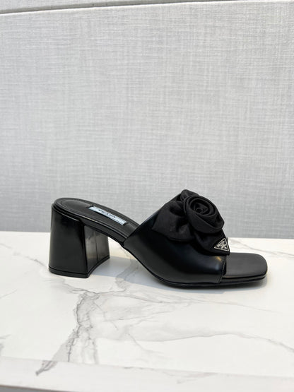 PRA FLOWER BLOCK HEELS 75 BLACK CALFSKIN