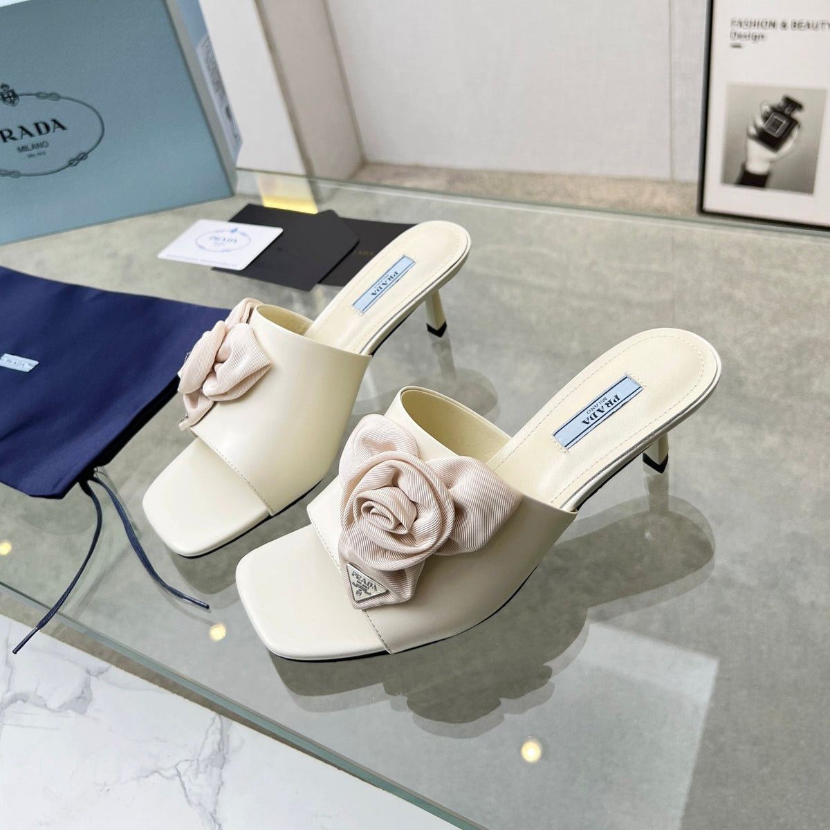 PRA FLOWER POINTED HEELS 55 IVORY CALFSKIN