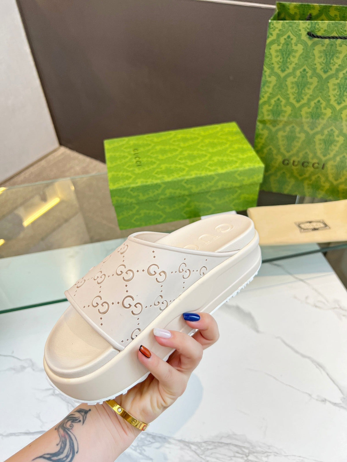 PLATFORM SANDALS IN WHITE CREAM MONOGRAM IMPORTED TPU