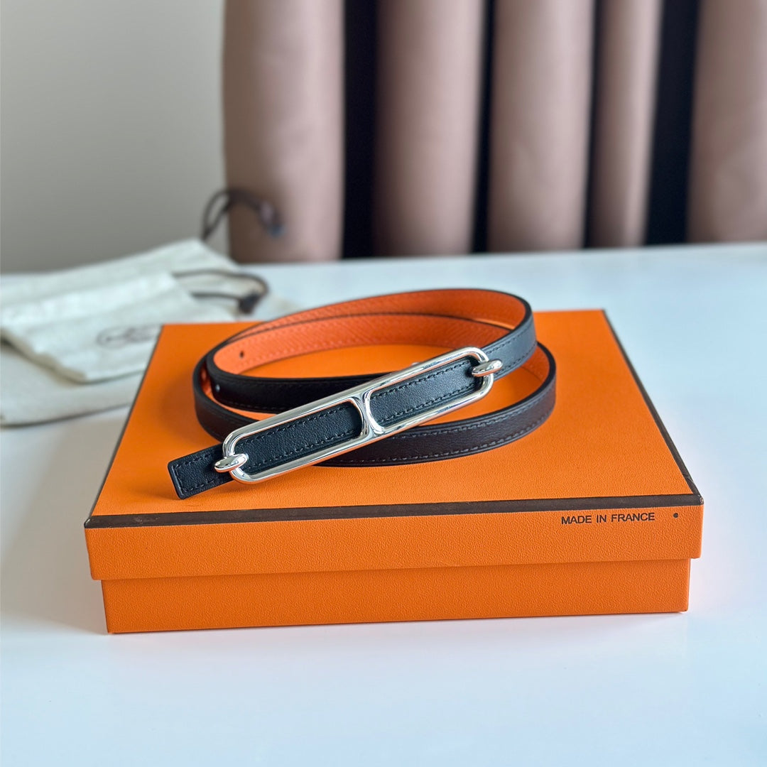 HM ROULIS BUCKLE & REVERSIBLE ORANGE AND BLACK LEATHER STRAP 13MM SILVER HARDWARE