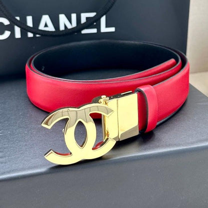 CC 30MM BELT IN CHERRY RED AND BLACK CALFSKIN WITH GOLD HARDWARE