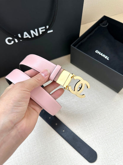 CC 30MM BELT IN LIGHT PINK AND BLACK CALFSKIN WITH GOLD HARDWARE