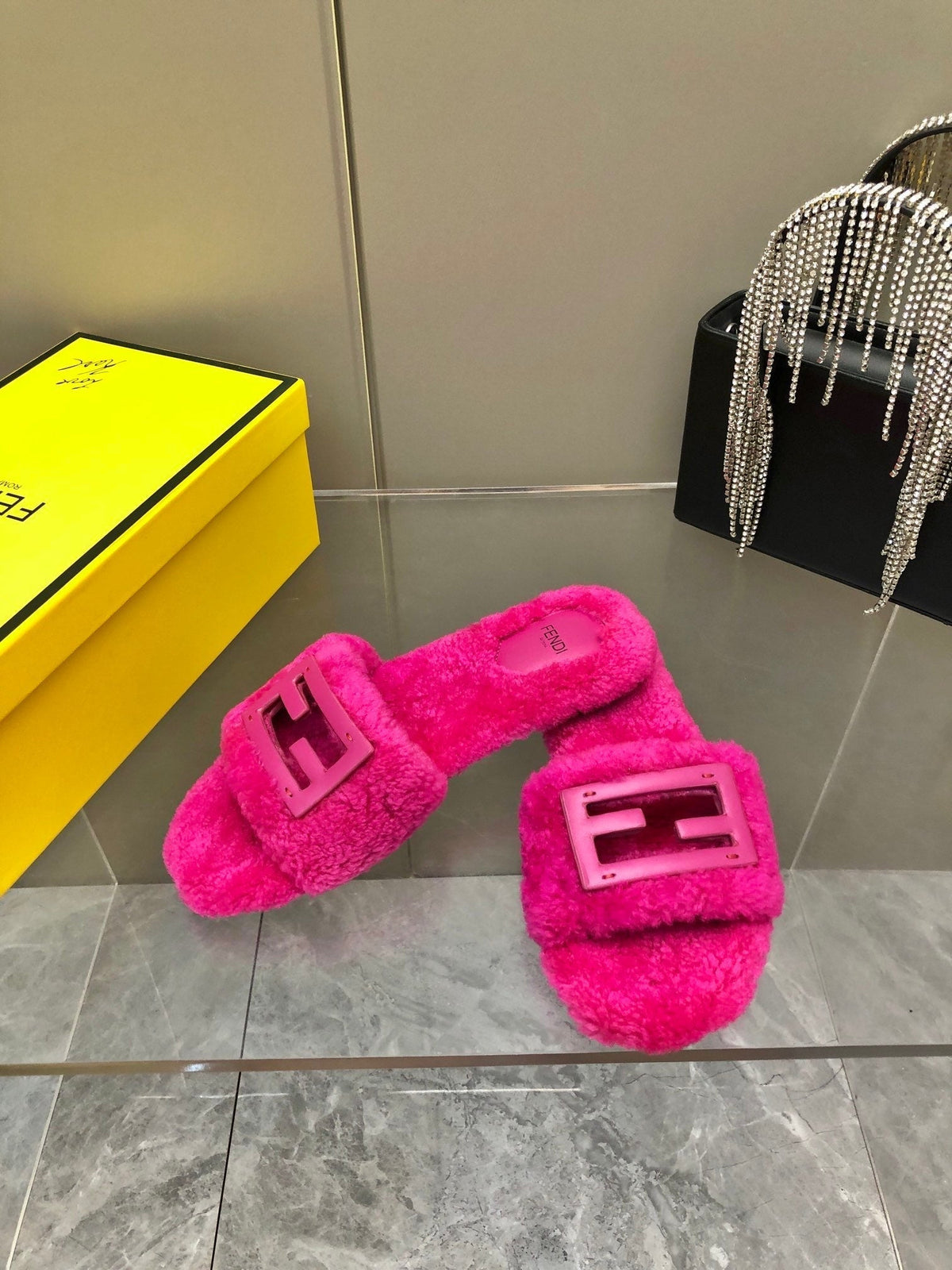 FENDI BAGUETTE SLIDE SLIPPERS IN DEEP PINK WOOL