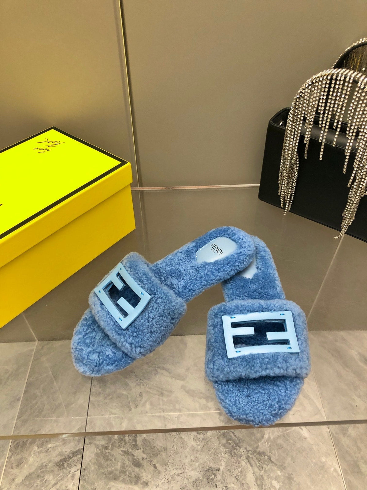FENDI BAGUETTE SLIDE SLIPPERS IN CERULEAN BLUE WOOL