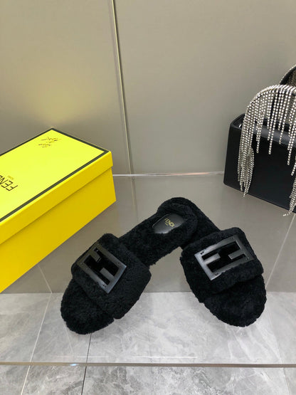 FENDI BAGUETTE SLIDE SLIPPERS IN BLACK WOOL