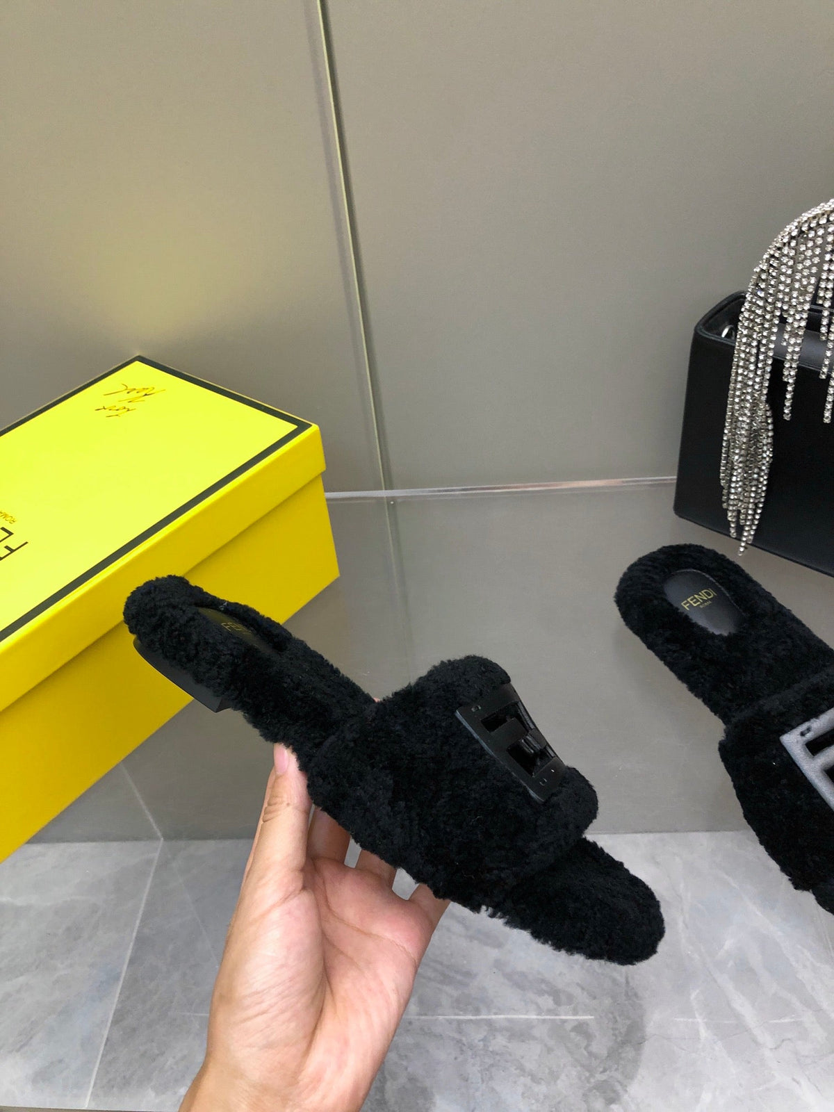 FENDI BAGUETTE SLIDE SLIPPERS IN BLACK WOOL