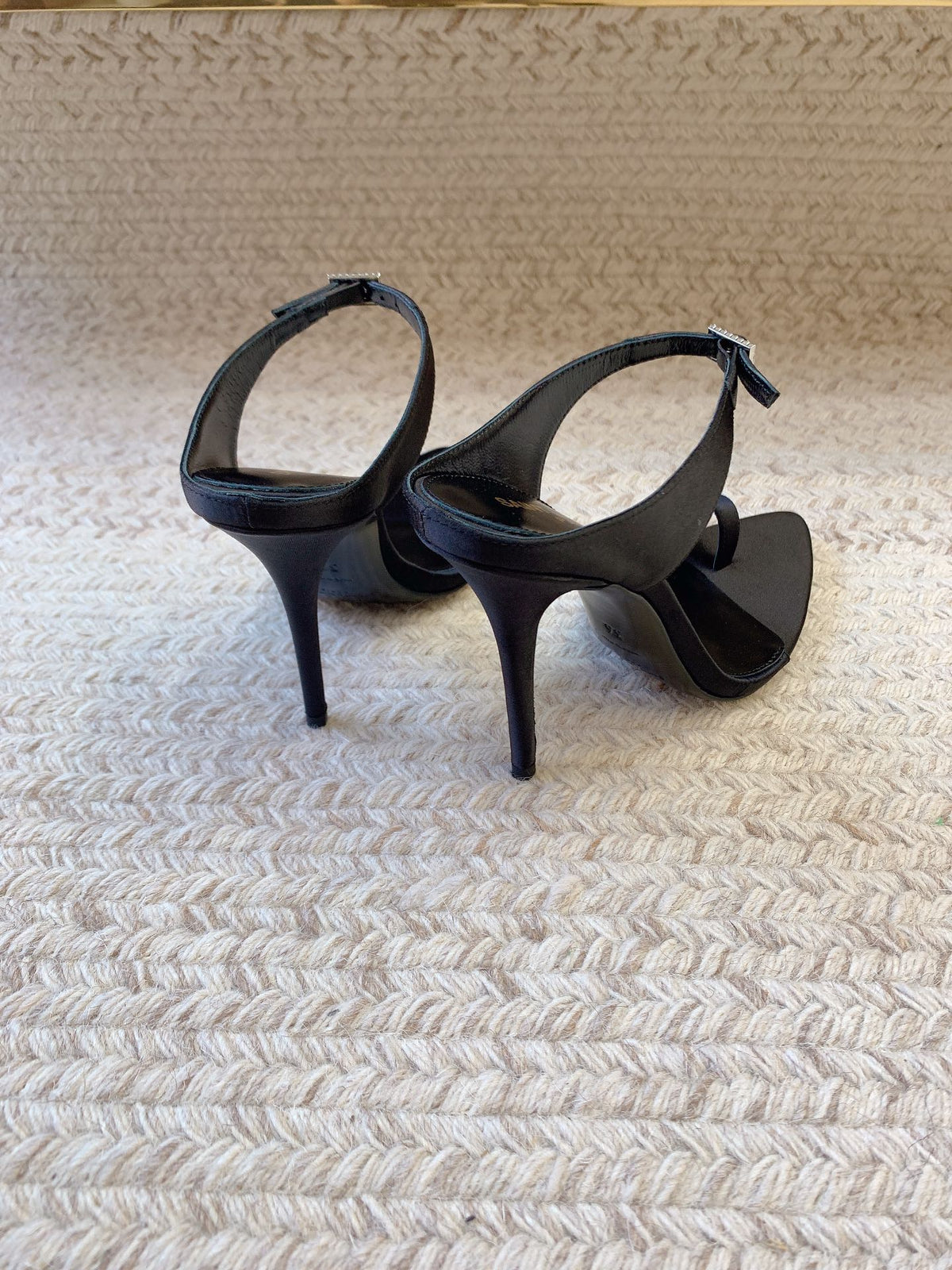 GAP CRYSTAL-BUCKLE SLIDE SANDALS IN BLACK SILK