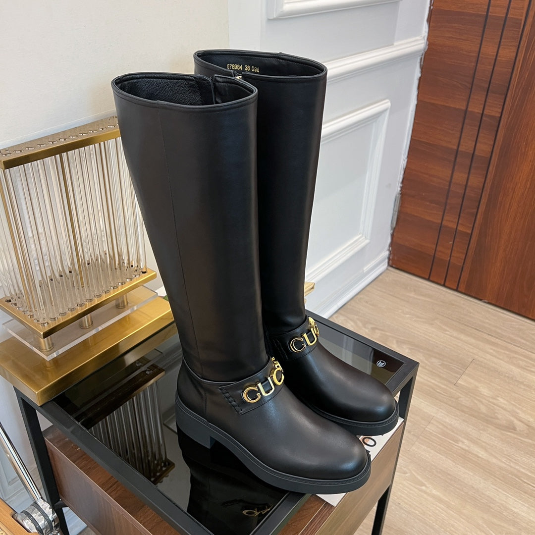 GG CLASSIC LOGO KNEE HIGH BOOTS IN BLACK CALFSKIN