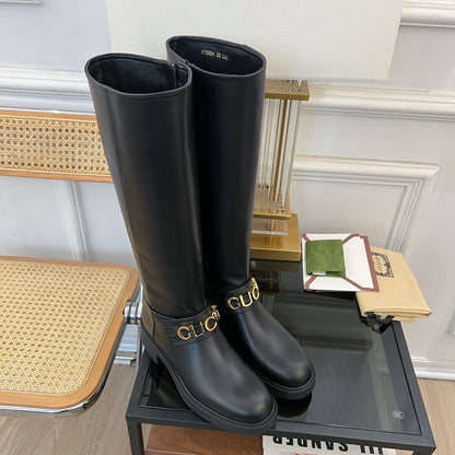 GG CLASSIC LOGO KNEE HIGH BOOTS IN BLACK CALFSKIN