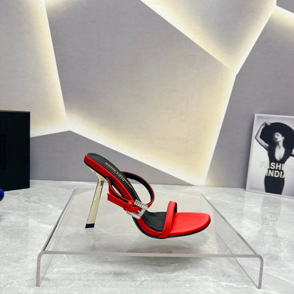 SL CRYSTAL BUCKLE HIGH HEELS RED SATIN