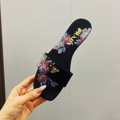 PRA PRINTED SLIDES SLIPPERS BLACK SATIN