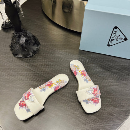 PRA PRINTED SLIDES SLIPPERS WHITE SATIN