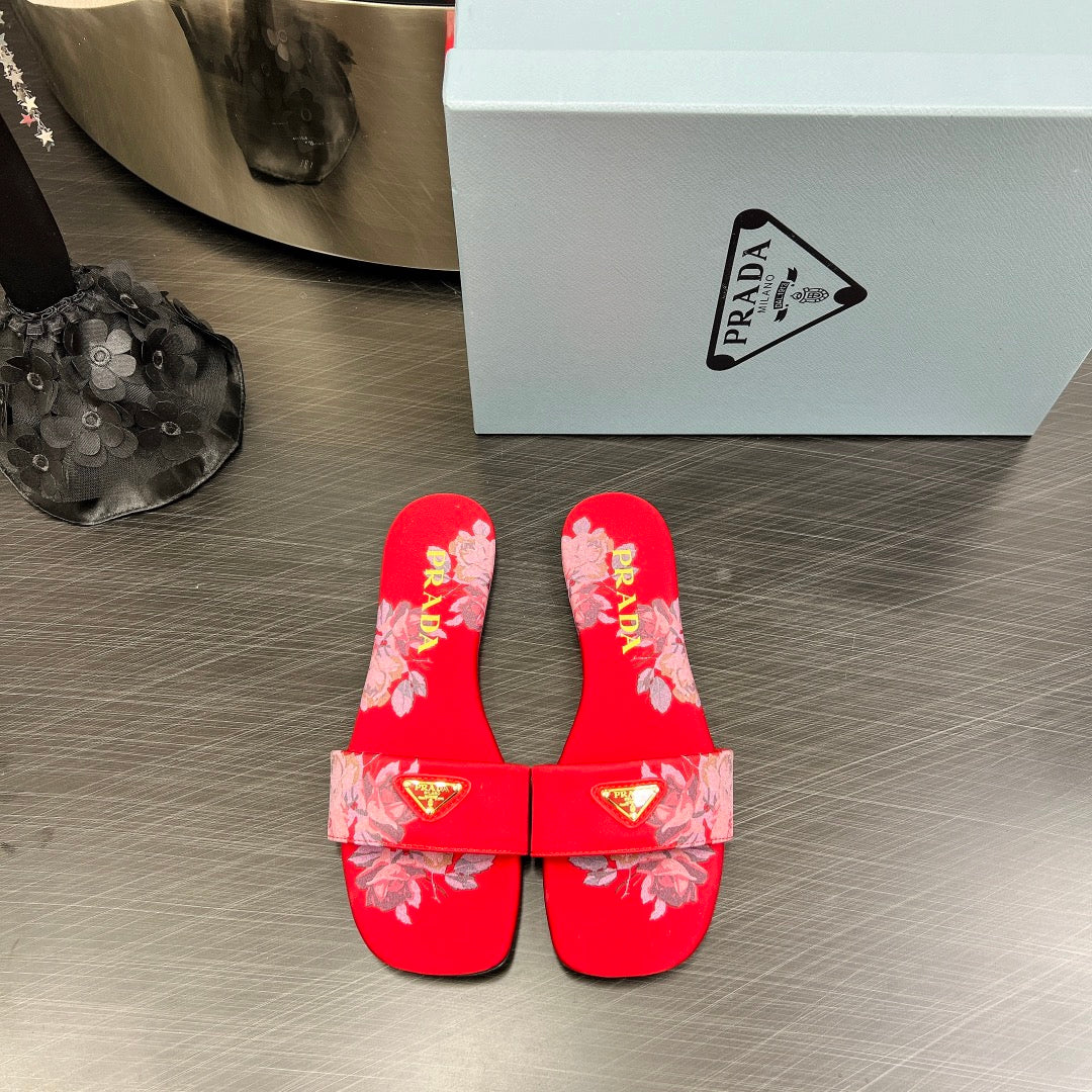 PRA PRINTED SLIDES SLIPPERS RED SATIN