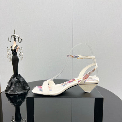 PRA TRIANGLE HEEL FLOWER MOTIF SATIN SANDALS WHITE