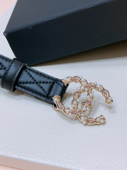 CC BELT 20MM IN BLACK EMBROIDERED CALFSKIN GOLD HARDWARE ATTACH PEARLS
