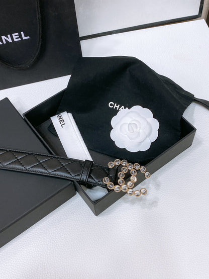 CC BELT 30 MM IN BLACK EMBROIDERED CALFSKIN PEARL LOGO WITH GOLD HARDWARE