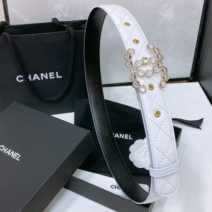 CC BELT 30 MM IN WHITE EMBROIDERED CALFSKIN PEARL LOGO WITH GOLD HARDWARE
