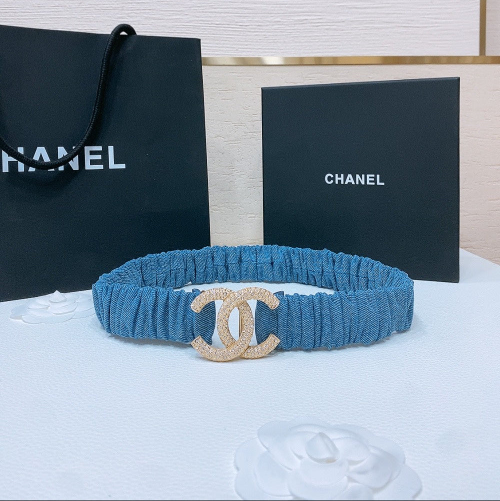 DOUBLE C ELASTIC BELT 30MM IN BLUE DENIM GOLD BUCKLE EMBOSSED CRYSTAL