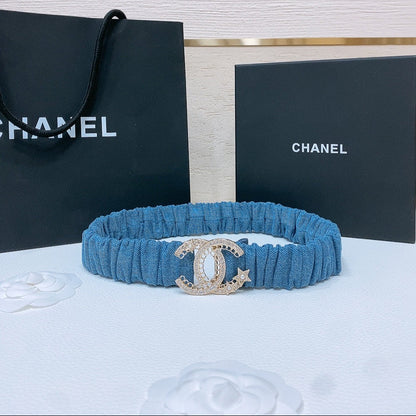 DOUBLE C ELASTIC BELT 30MM IN BLUE DENIM GOLD CRYSTAL STAR EMBELLISHED BUCKLE