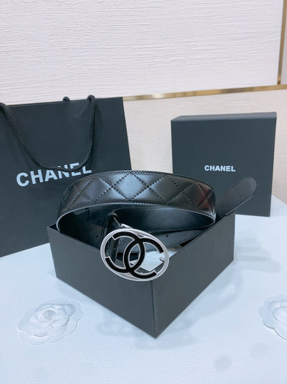 DOUBLE C BELT 38MM IN BLACK QUILTED LAMBSKIN SILVER OVAL BUCKLE CENTERED BLACK LOGO