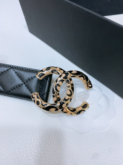 DOUBLE C BELT 38MM IN BLACK QUILTED LAMBSKIN WITH BLACK AND BEIGE LEOPARD PRINT BUCKLE