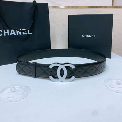 DOUBLE C 38MM IN BLACK QUILTED LAMBSKIN SILVER BUCKLE