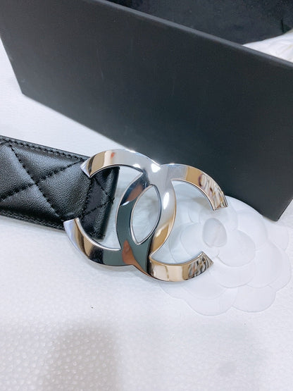 DOUBLE C 38MM IN BLACK QUILTED LAMBSKIN SILVER BUCKLE