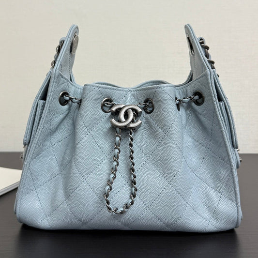 Chanel 2026 Hobo Bag 22cm Light Blue Grained Calfskin With Silver Hardware