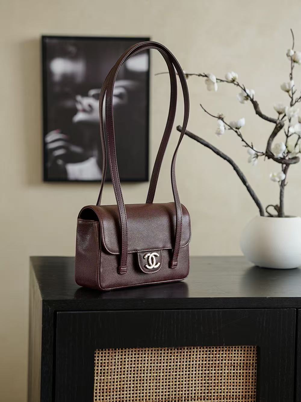 Chanel 2026 Bag 22cm Burgundy Grained Shiny Calfskin