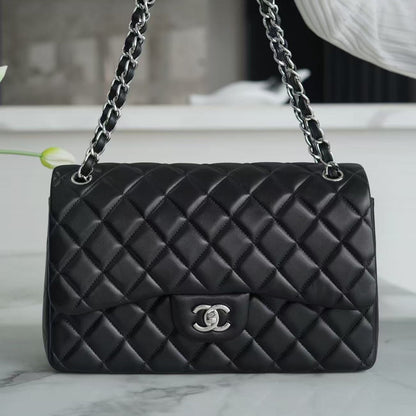 Chanel 2026 Flap Bag 30cm Black Sheepskin With Silver Hardware