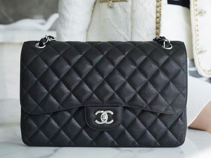 Chanel 2026 Flap Bag 30cm Black Caviar Leather With Silver Hardware