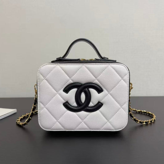 Chanel 2026 Vanity Case 21cm White Black Caviar Leather